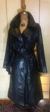 Load image into Gallery viewer, Black Leather 70s Trench Spy Coat Black Matrix Goth Jackie Kennedy Chic S/M Princess