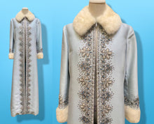 Load image into Gallery viewer, 60’s “Jackie Kennedy Style” Full length Opera Gown Coat in Light Blue Hand Beaded Crystal and Ermine Mink Trim