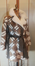 Load image into Gallery viewer, 60s Geometric Mink Leather Coat --Mod Mosaic Mink White and Brown Patchwork ColorBlock Coat S/M