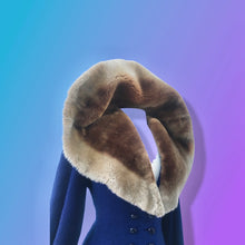 Load image into Gallery viewer, 40’s Vintage Cobalt Blue Fit Flare “New Look” Princess Full Skirt Coat with Massive Shearling Mouton Ombré Collar