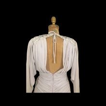 Load image into Gallery viewer, 80’s does 20’s Art Deco Chiffon Beaded Dress in Pearl Gray Fitted Waist full skirt