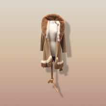 Load image into Gallery viewer, 60’s Vintage Camel Coat  with Fur Trim Vicuna-Printed Fit Flare Wrap Style Wool Cashmere Blend