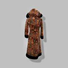 Load image into Gallery viewer, 60’s 70’s Vintage Carpet Coat Needlepoint Hooded Sherpa Trim Fit and Flare