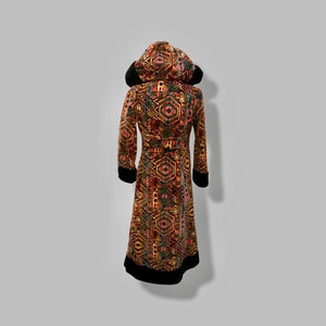 60’s 70’s Vintage Carpet Coat Needlepoint Hooded Sherpa Trim Fit and Flare