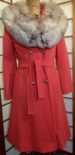 Load image into Gallery viewer, Orange Lilli Ann Coat Norwegian Silver Fox Fur Collar Wool Knit Trench Coat Double Breasted Vintage 60's S/M