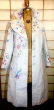 Load image into Gallery viewer, Floral White Leather Trench Spy Coat--Embroidered Floral Bird Pastel Design, Leather Spy Trench Fit Flare Penny Lane Twiggy Afghan M/L