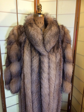 Load image into Gallery viewer, Full length Silver Fox Coat Size 8-10 Vintage Chubby 80's Style Coat with Spiral Sleeves