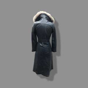 70’s Spy Trench Leather Coat with Removable Shearling Collar Dark Blue