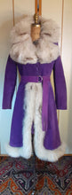 Load image into Gallery viewer, Vintage Women's Coat- Purple Suede 70s Silver Fox Fur Trimmed Princess Pinup Hippy Coat Afghan Penny Lane Almost Famous