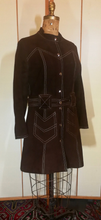 Load image into Gallery viewer, 70s Brown Suede Stitch Detail Tailored Jacket Coat S/M Trench Spy Boho Hippy Chic