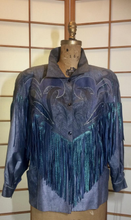 Load image into Gallery viewer, 1980S 90s Fringe Leather Jacket Coat Cowgirl Iridescent Southwestern Swarovski Crystal Mermaid Colors Made in Paris France L-XL