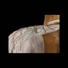 Load image into Gallery viewer, 80’s does 20’s Art Deco Chiffon Beaded Dress in Pearl Gray Fitted Waist full skirt