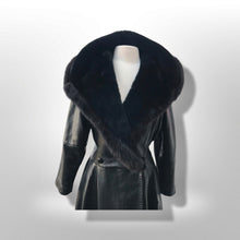 Load image into Gallery viewer, Black Lamb Leather Princess Coat Couture Made in France Massive Shearling Fox Collar