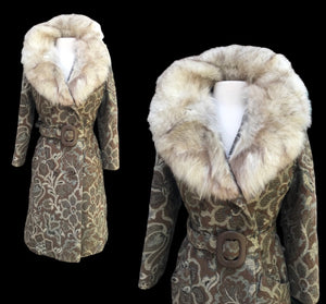 60’s Tapestry Coat with Fox Fur Trim Carpet Brocade Wool