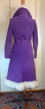 Load image into Gallery viewer, Vintage Women's Coat- Purple Suede 70s Silver Fox Fur Trimmed Princess Pinup Hippy Coat Afghan Penny Lane Almost Famous