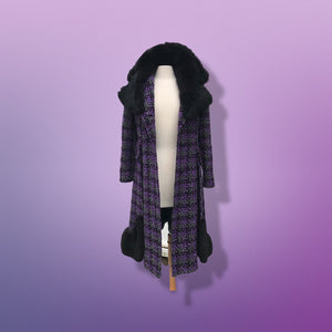 60’s Purple Woven Wool Coat with Genuine Fur Peplum and Collar Plaid