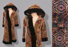 Load image into Gallery viewer, 60’s 70’s Vintage Carpet Coat Needlepoint Hooded Sherpa Trim Fit and Flare