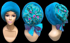 Himalayan Mink and Silk Hat in Turquoise Peacock “Blue Nile” with Embroidered Silk Gift for Her