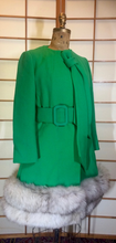 Load image into Gallery viewer, 60s Lilli Ann Green Dress Coat Wool and Fox Fur Trim Mad Men St. Patrick&#39;s Day S Keyhole Hole Dress