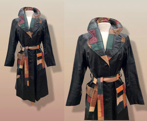 70’s Black Patchwork Leather Trench Coat Spy