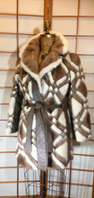 Load image into Gallery viewer, 60s Geometric Mink Leather Coat --Mod Mosaic Mink White and Brown Patchwork ColorBlock Coat S/M