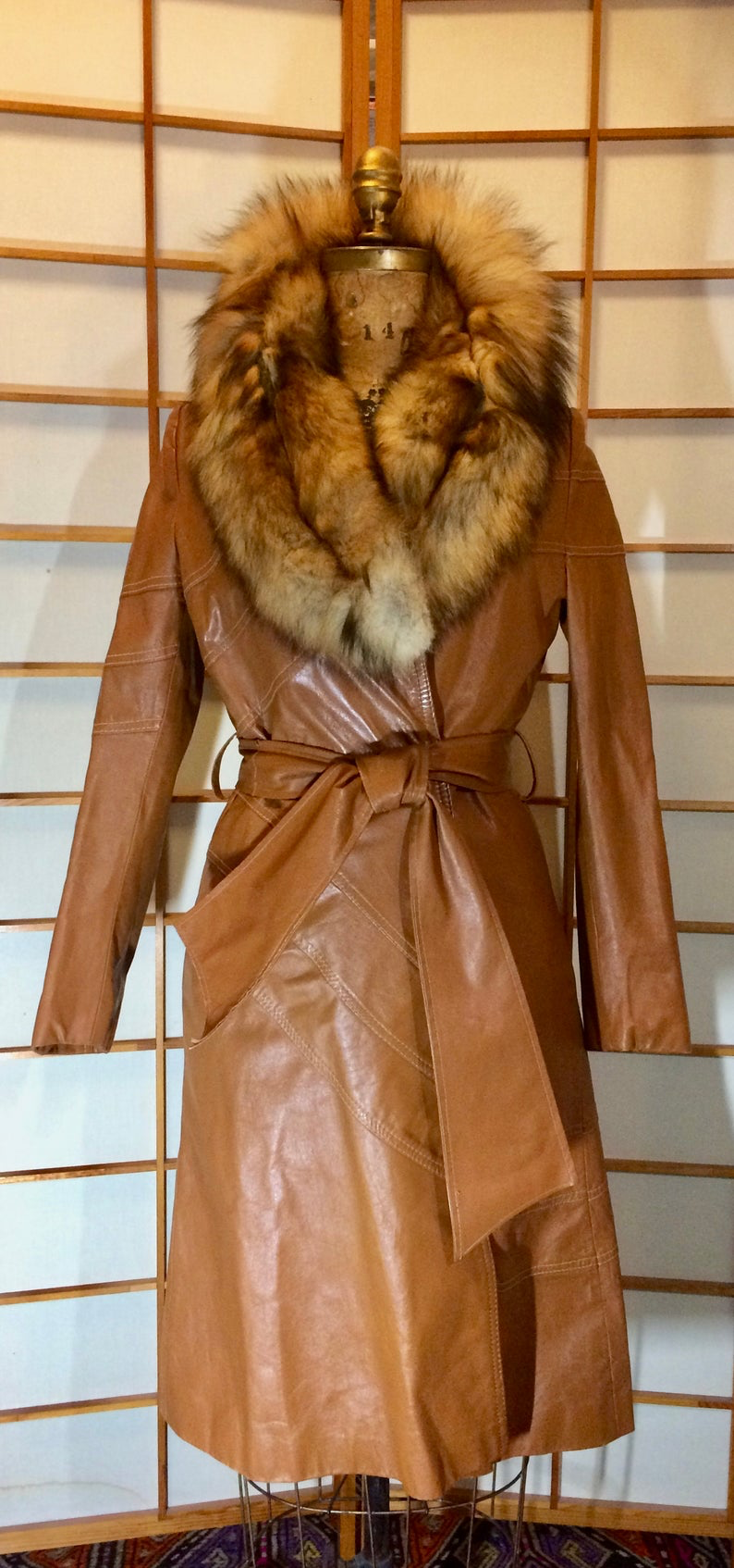 70s Leather Fur Trench Coat, Caramel Butterscotch Brown Spy Coat