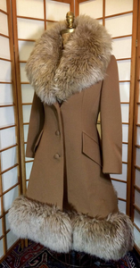 60’s Caramel Lilli Ann Shearling Fit and Flare Princess Coat with Belt Clutch Purse Set Beaded