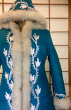Load image into Gallery viewer, Suede and Shearling Lamb Turquoise Blue and White Embroidered Afghan Coat Almost Famous Hippy Chic Penny Lane S/M Beatles British Invasion!