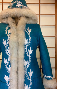 Suede and Shearling Lamb Turquoise Blue and White Embroidered Afghan Coat Almost Famous Hippy Chic Penny Lane S/M Beatles British Invasion!