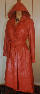 70s Leather Hooded Trench Spy Duster Long Fit and Flare Orange/Tan Coat S/M Boho Hippie Hippy Chic Hipster