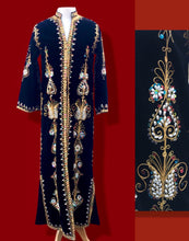 Load image into Gallery viewer, 60s 70s MUSEUM Collectible Vintage Royal Velvet Cleopatra Overcoat and Tunic Set Duster Hand Embroidered Pearls Exotic Persian Fashion History Ottoman Empire