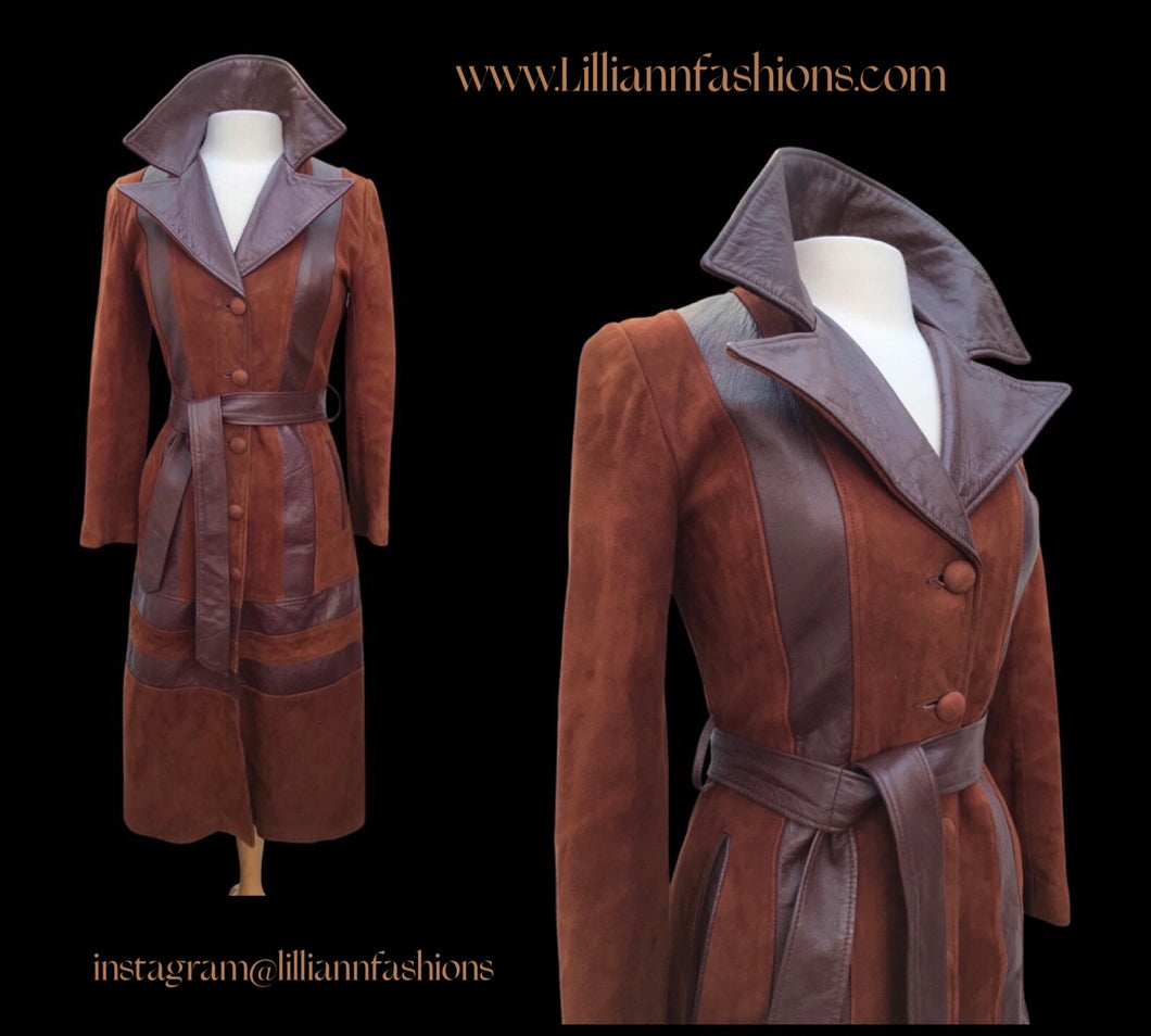 70’s Rust Suede and Leather Inlay Coat Spy Trench