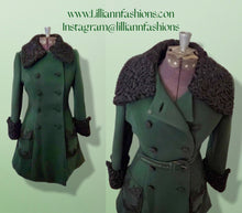 Load image into Gallery viewer, 60’s Green Wool Peacoat Lamb swakara Persian lamb belted