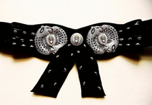 Load image into Gallery viewer, Jeweled Black Glam Suede Belt by HENRYKS BIJOUX Made in Austria Vintage 1980s Glam Swarovski Crystal Fits a waist from 23.5&quot; to 27.5&quot;