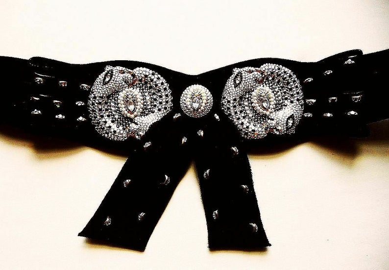 Jeweled Black Glam Suede Belt by HENRYKS BIJOUX Made in Austria Vintage 1980s Glam Swarovski Crystal Fits a waist from 23.5
