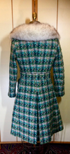 Load image into Gallery viewer, Mod Green Tweed Plaid Peacoat Coat--60s Knitted Wool Double Breasted Belted Removeable Fox Fur Coat S/M