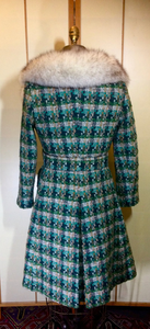 Mod Green Tweed Plaid Peacoat Coat--60s Knitted Wool Double Breasted Belted Removeable Fox Fur Coat S/M