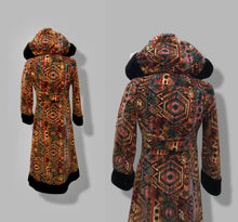 Load image into Gallery viewer, 60’s 70’s Vintage Carpet Coat Needlepoint Hooded Sherpa Trim Fit and Flare