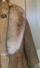 Load image into Gallery viewer, 70s Suede Sheepskin Shearling Tan Penny Lane Coat Princess Fit and Flare Almost Famous Small Medium Boho Hippy Bohemian