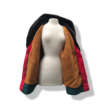 Load image into Gallery viewer, Red Black Gold Aztec Design Fuzzy Faux Fur Collar Patchwork Suede and Nylon Jacket