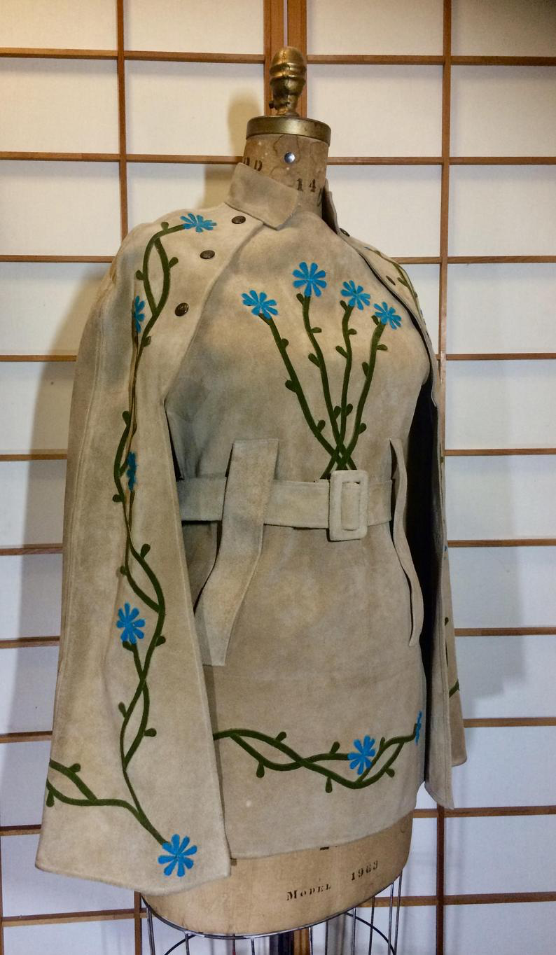 70s Suede Embroidered Floral Poncho- Belted Flower Child Cape Hippy  Turquoise Floral Flowers S/M Penny Lane Almost Famous