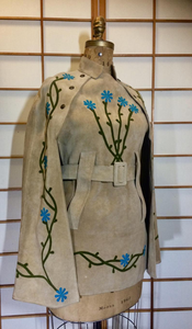 70s Suede Embroidered Floral Poncho- Belted Flower Child Cape Hippy Turquoise Floral Flowers S/M Penny Lane Almost Famous