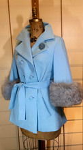 Load image into Gallery viewer, Vintage Coat Jacket- Lilli Ann 60s Baby Blue Mod Cape Fox Fur Bell Sleeve Angel Sleeve Light Spring Princess Mad Men S/M
