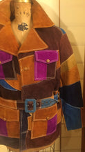 Load image into Gallery viewer, Women's Vintage 70s Patchwork Suede Belted Leather Coat Purse Set Purple Blue Brown Yellow Plus Size Boho