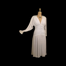 Load image into Gallery viewer, 80’s does 20’s Art Deco Chiffon Beaded Dress in Pearl Gray Fitted Waist full skirt