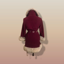 Load image into Gallery viewer, 60s Wine Cranberry Coat in Velveteen and Shearling with Grommet Belt