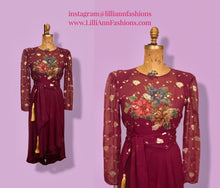 Load image into Gallery viewer, 70’s 80’s Vintage Bergundy Purple Chiffon High Low Floral Dress Tassle Extra Belt