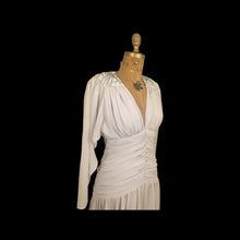 Load image into Gallery viewer, 80’s does 20’s Art Deco Chiffon Beaded Dress in Pearl Gray Fitted Waist full skirt