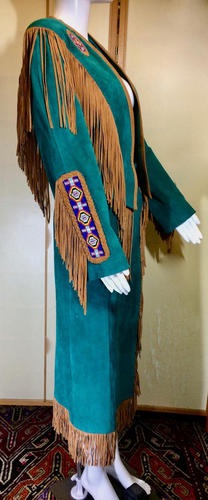 Beaded Suede Jacket and Skirt Western Navajo Fringe Set Turquoise Leather Long Cowgirl Native American