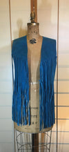 Load image into Gallery viewer, Vintage Suede Fringe Vest- Teal Turquoise Mid Length 70s Hippy Bohemian Hipster Chic Shabby Chic S/M Cow Girl Native American Cow Boy